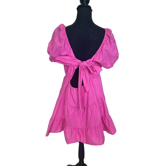 Louna Pink Peasant Babydoll Mini Dress XL Fit n Flare Linen Puff Sleeve $150 - Picture 11 of 13